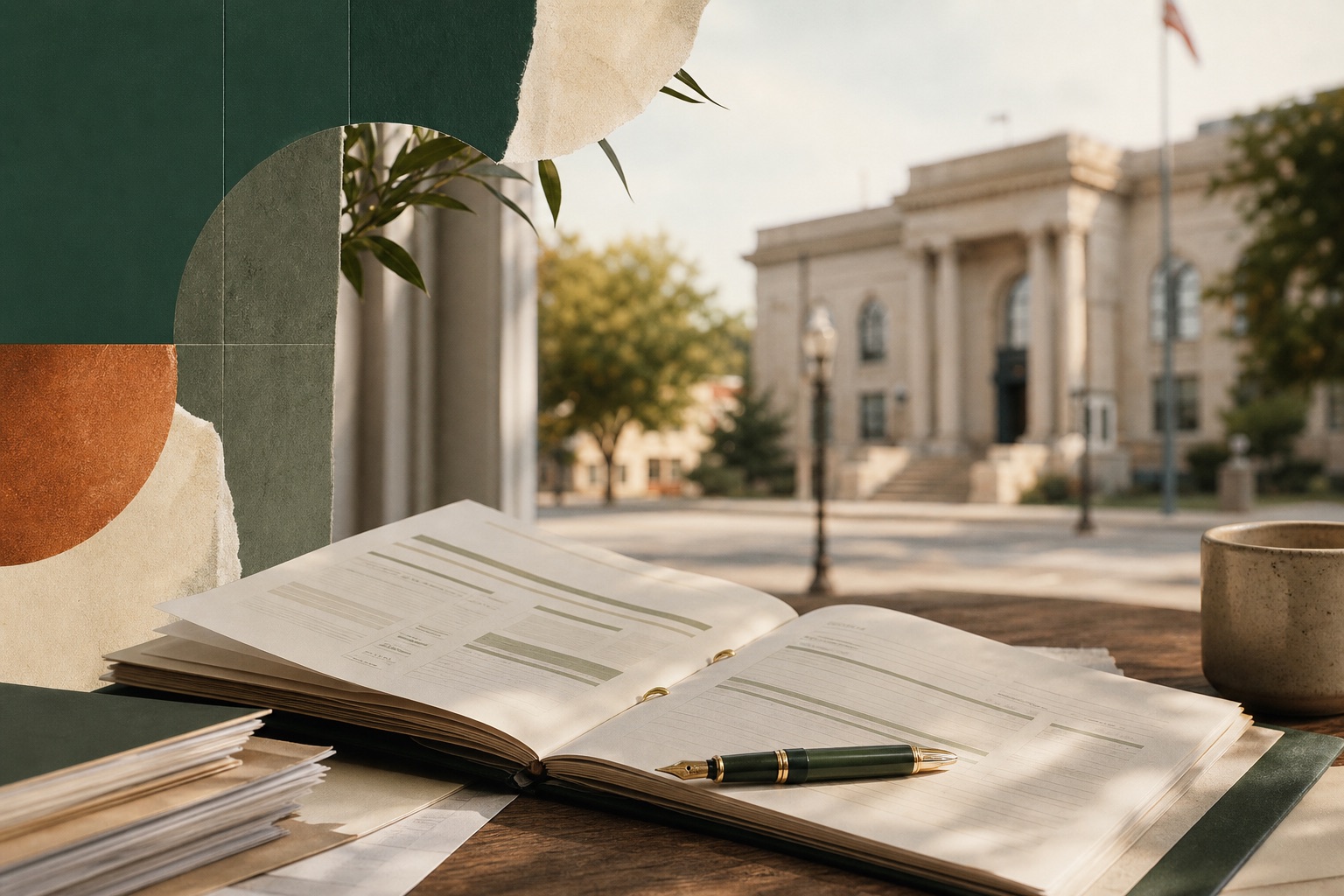 An open public meeting packet, loose records, and a pen sit in front of a civic building.