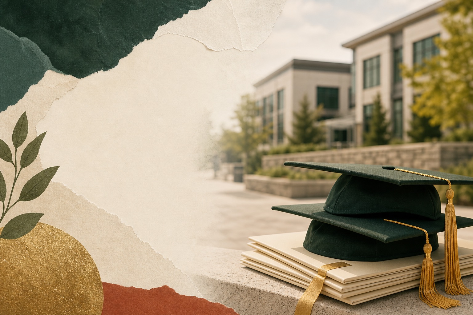 Graduation caps and diploma folders sit in front of a softly focused college building.