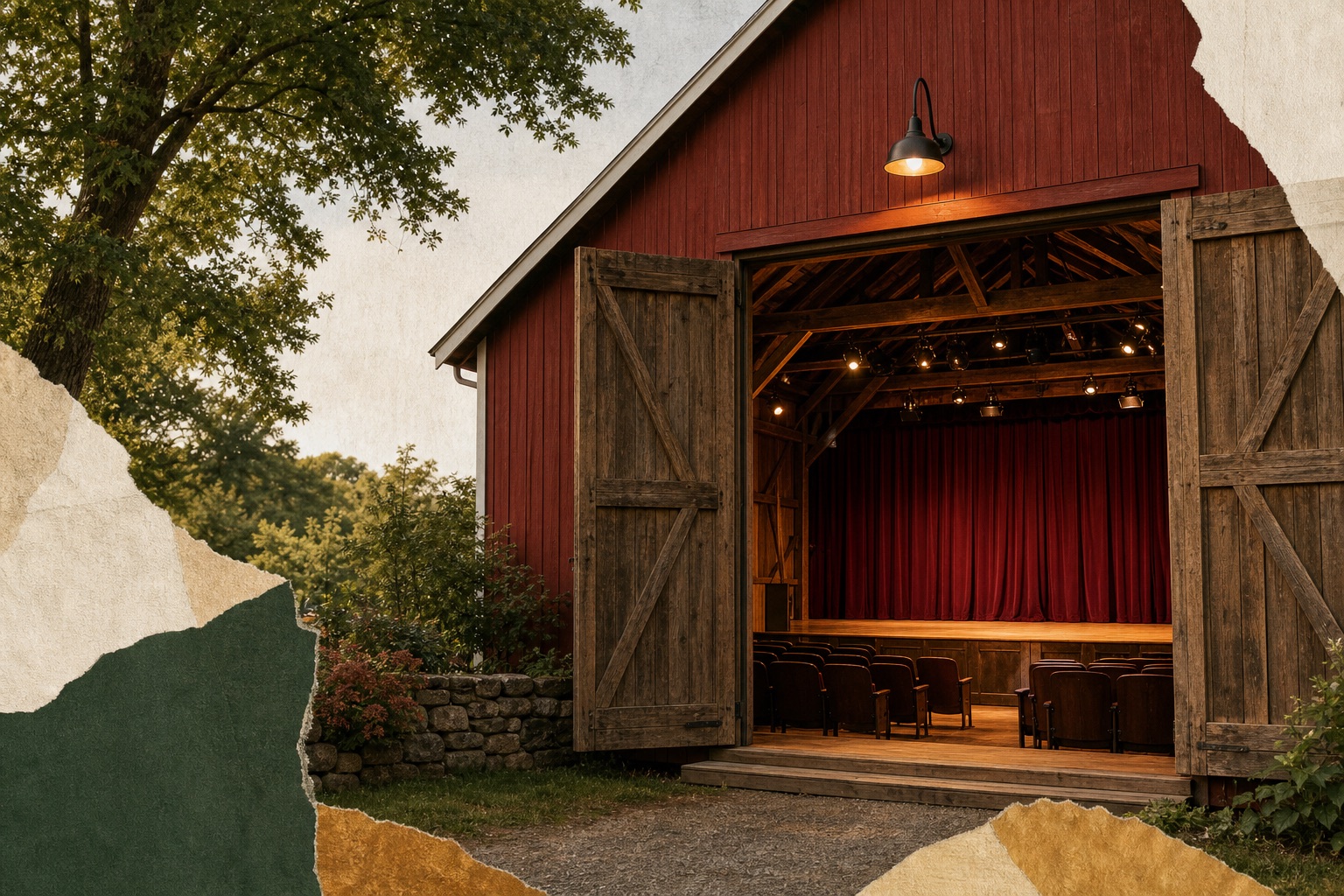 An open red barn reveals a small theater stage, curtain, work lights, and empty seats.