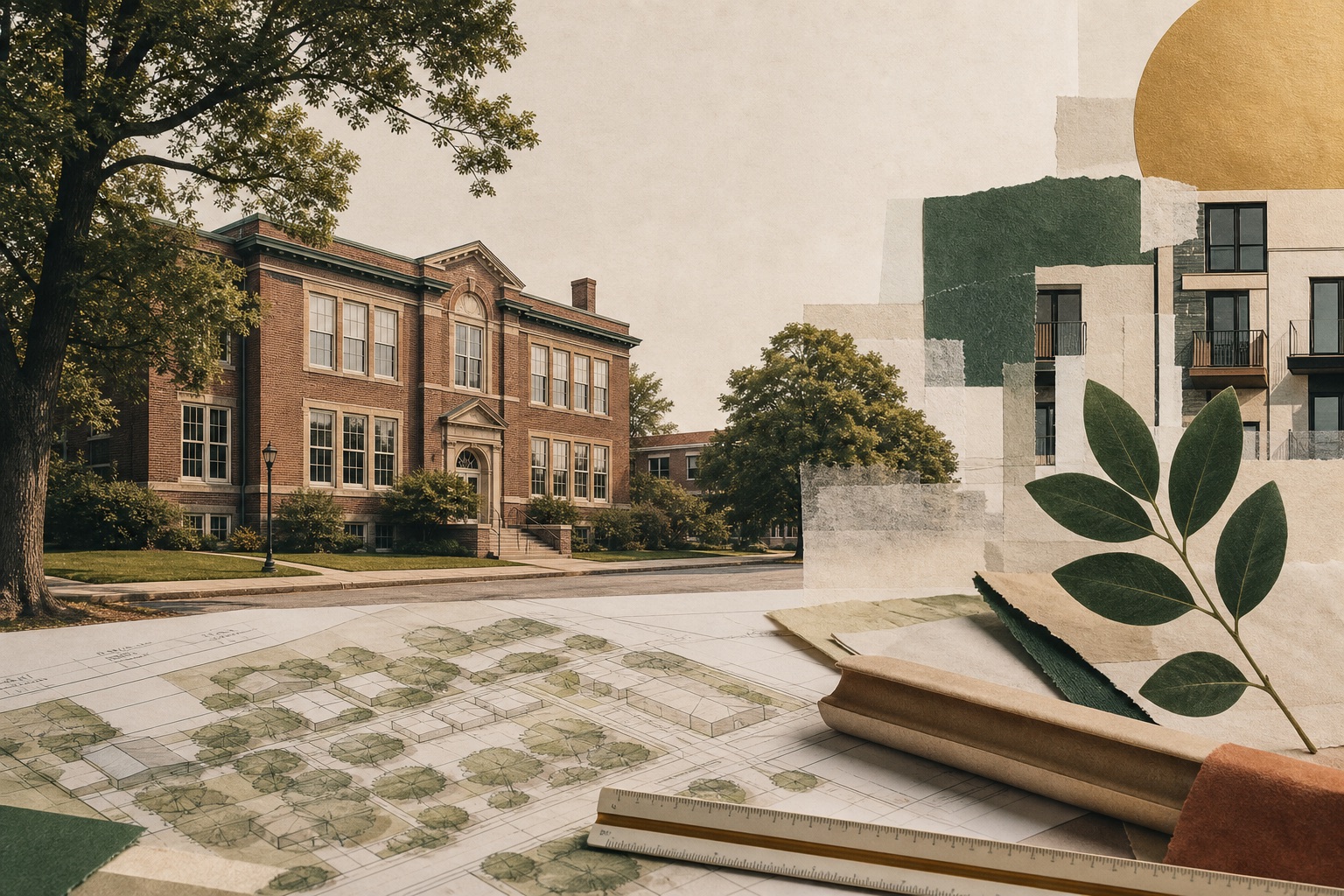 A historic brick school, architectural plans, and residential forms arranged in an editorial collage.