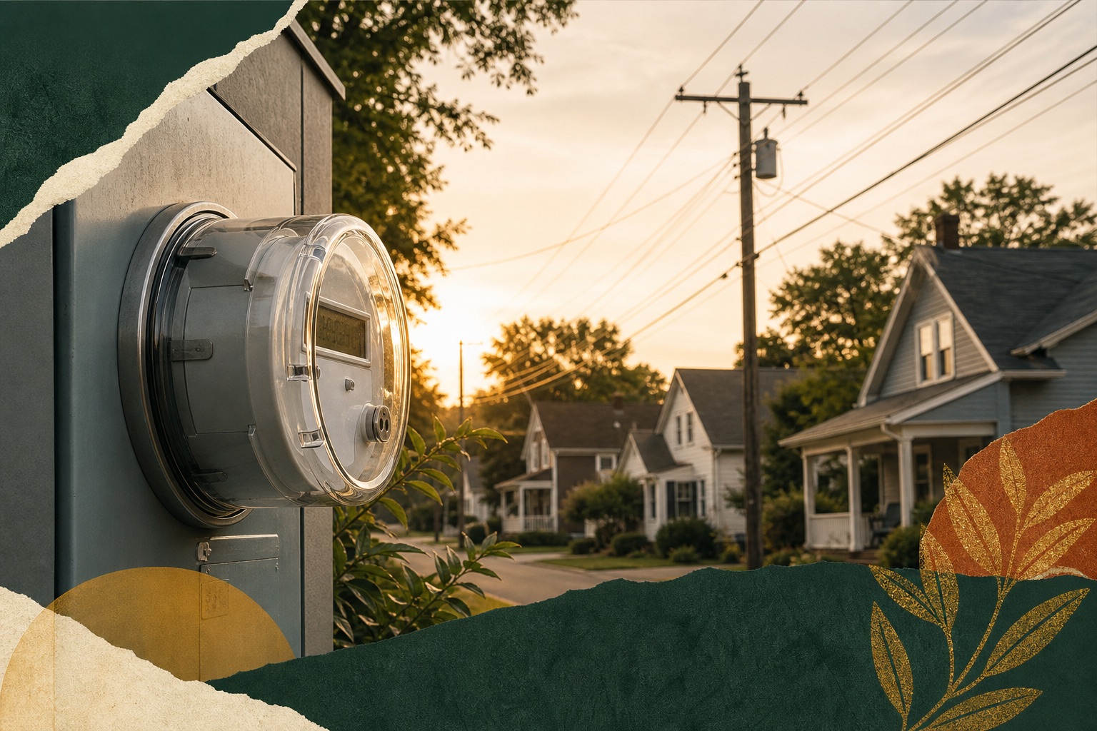 A residential electric meter stands beside neighborhood homes and overhead power lines.